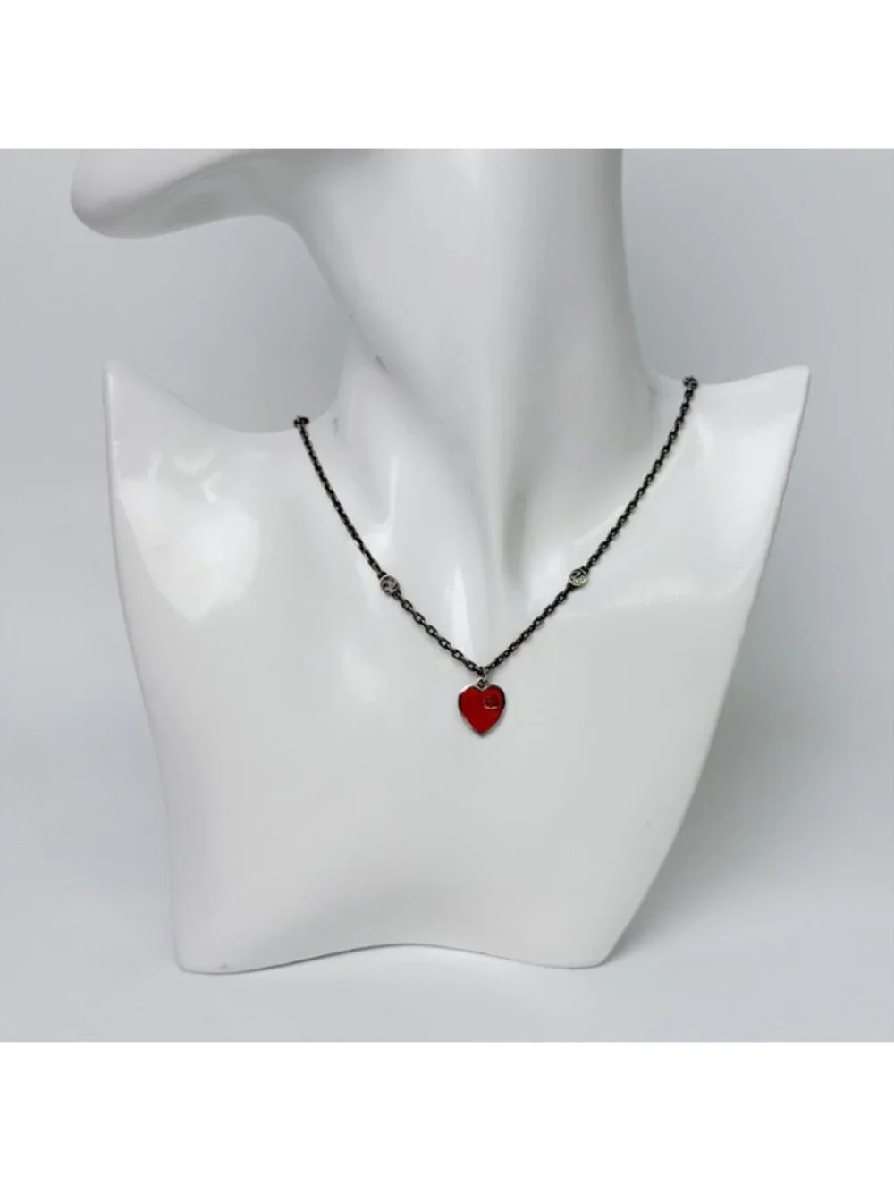 Gucci Interlocking Enamel Heart Necklace 925 Sterling Silver Red Vintage